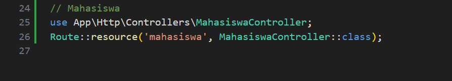 Tambah route resource mahasiswa di web.php